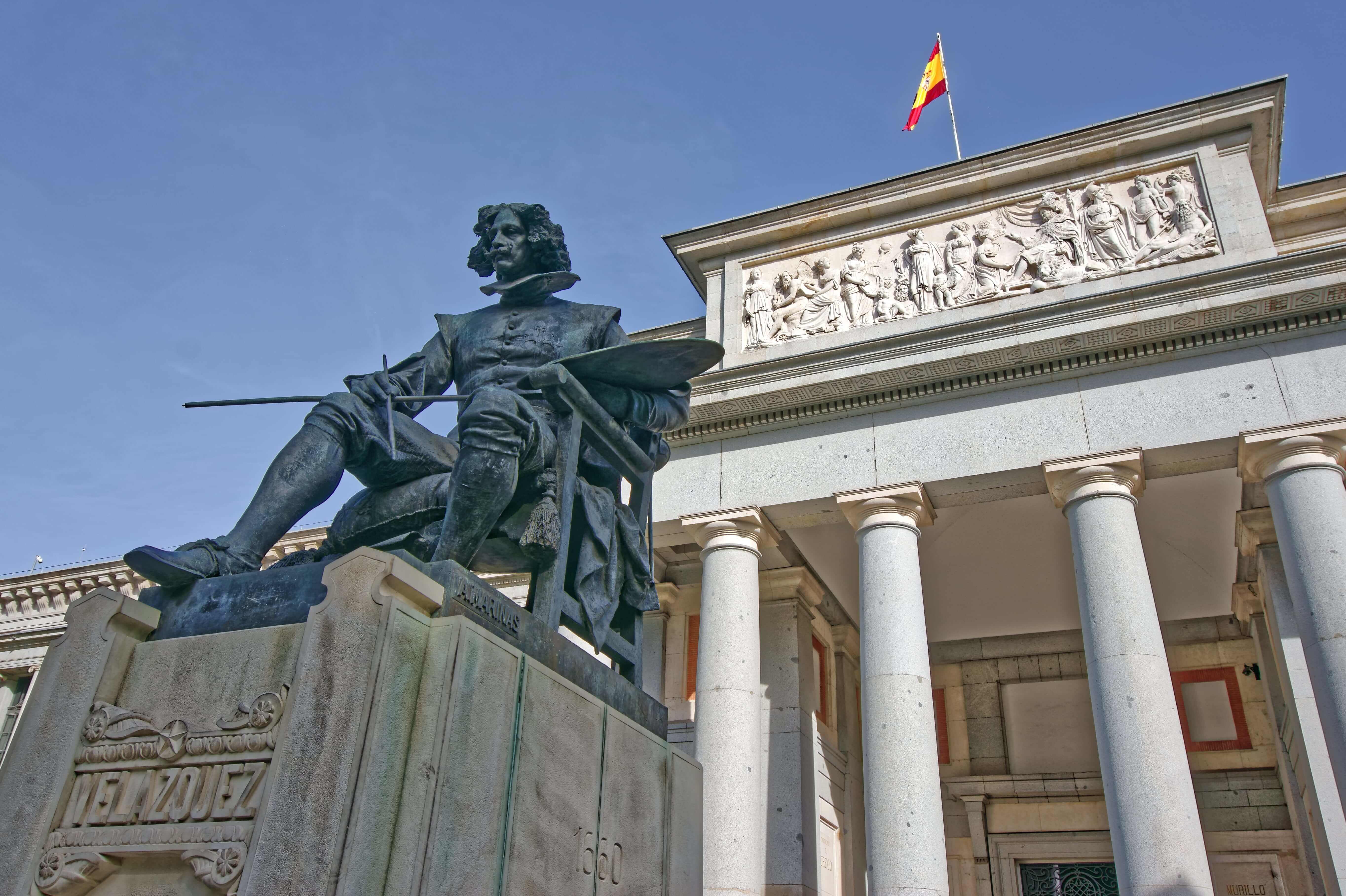 Statue of the painter Diego Velazquez, work of Aniceto Marinas, on the main facade of the Prado Museum, Madrid, Spain